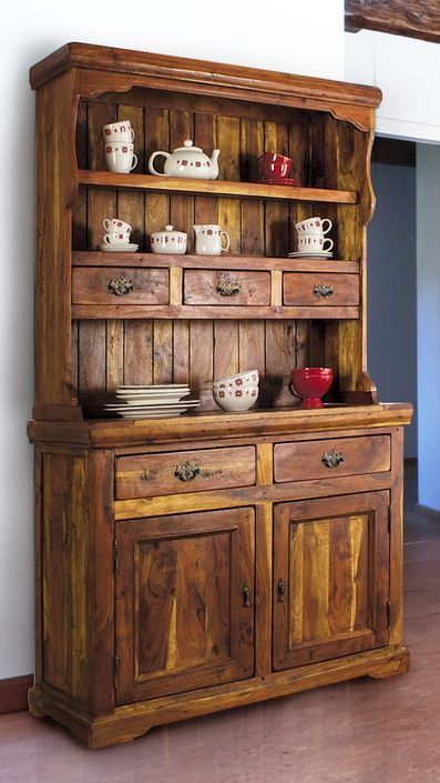 Vaisselier 5 tiroirs 2 portes en bois d'acacia massif finition rustique marron Kastela 107 cm - Photo n°6