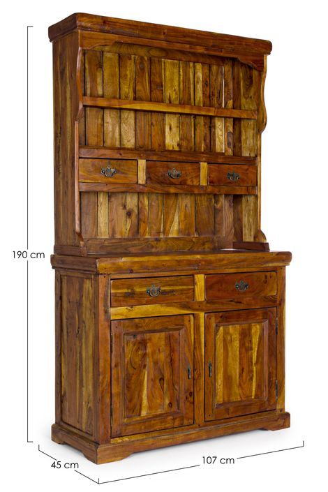 Vaisselier 5 tiroirs 2 portes en bois d'acacia massif finition rustique marron Kastela 107 cm - Photo n°7