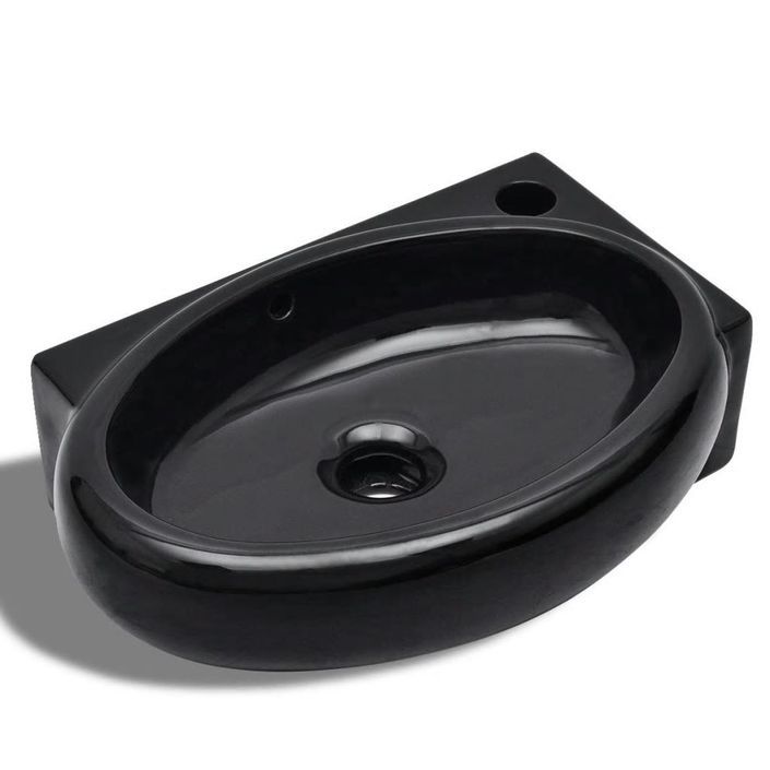 Vasque à trou de trop-plein robinet céramique pour salle de bain Noir - Photo n°1