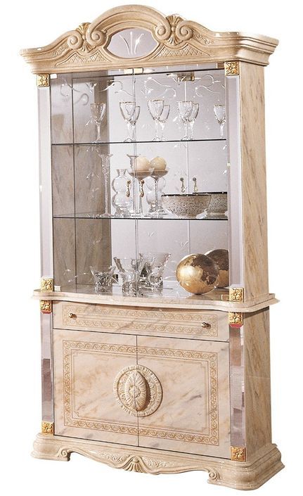 Vitrine 4 portes 1 tiroir bois vernis laqué brillant beige et onyx effet marbré Lesly 105 cm - Photo n°1