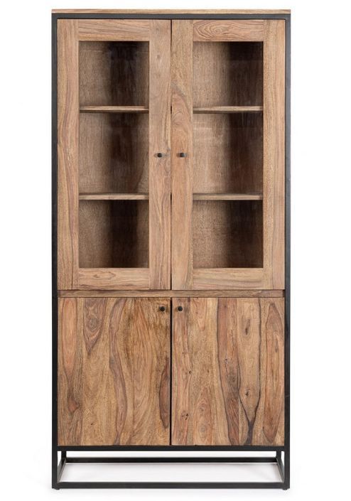 Vitrine 4 portes bois clair de Sheesham et acier noir Klazik 88 cm - Photo n°1