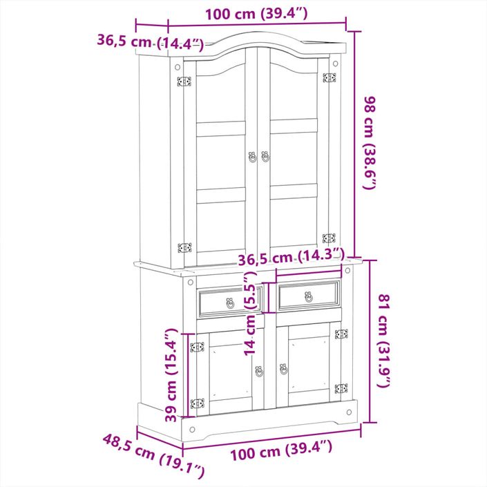 Vitrine en verre Corona 100x48,5x179 cm bois massif de pin - Photo n°9