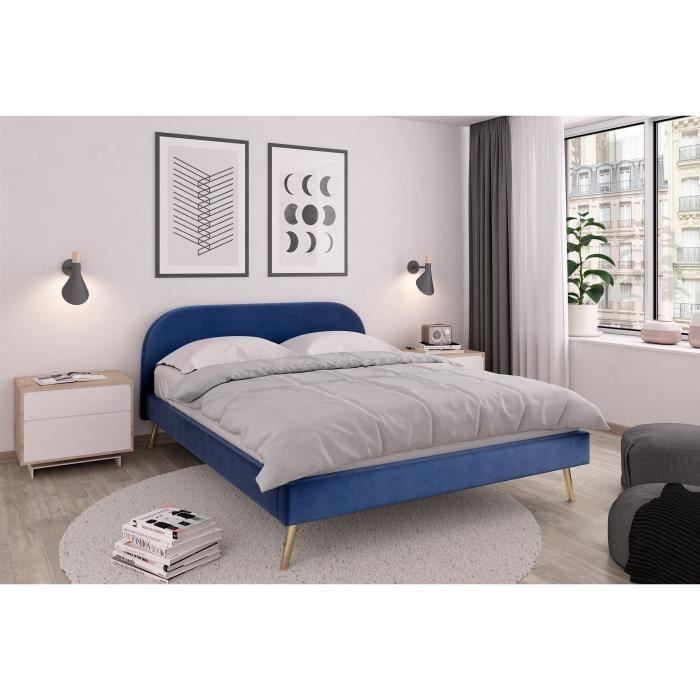 ZEN Lit scandinave velours bleu roi et pieds dorés + Sommier et tete de lit - l 140 x L 190 cm - Photo n°1