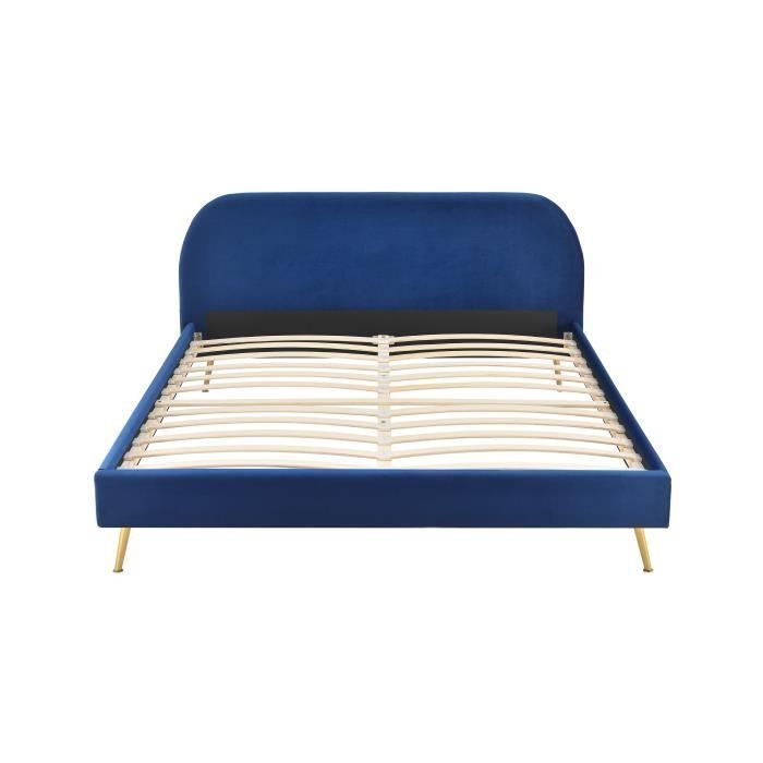 ZEN Lit scandinave velours bleu roi et pieds dorés + Sommier et tete de lit - l 140 x L 190 cm - Photo n°2