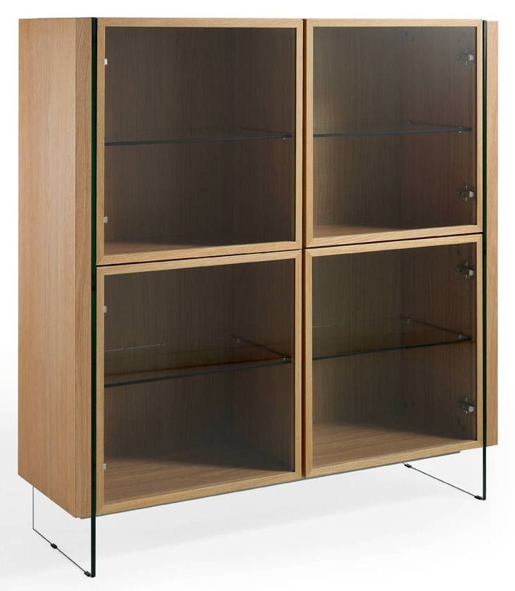 Bahut haut 4 portes bois plaqué chêne et pieds verre trempé Zooka - Photo n°1
