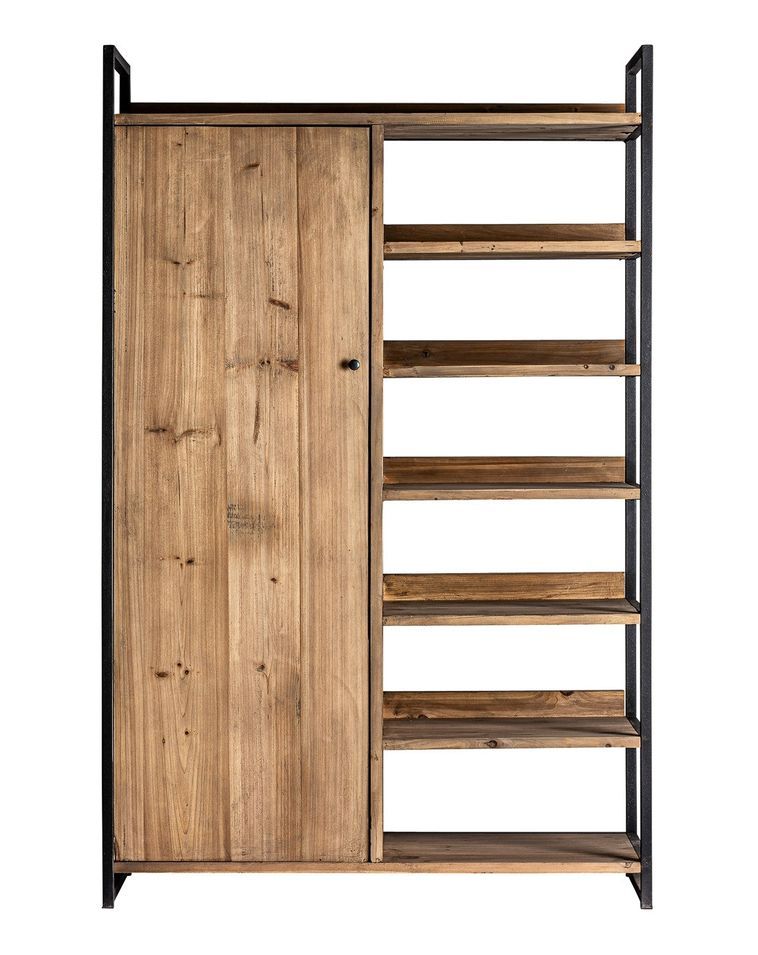 Armoire 1 porte et 7 étagères orme massif foncé et pieds métal noir Rossi - Photo n°1