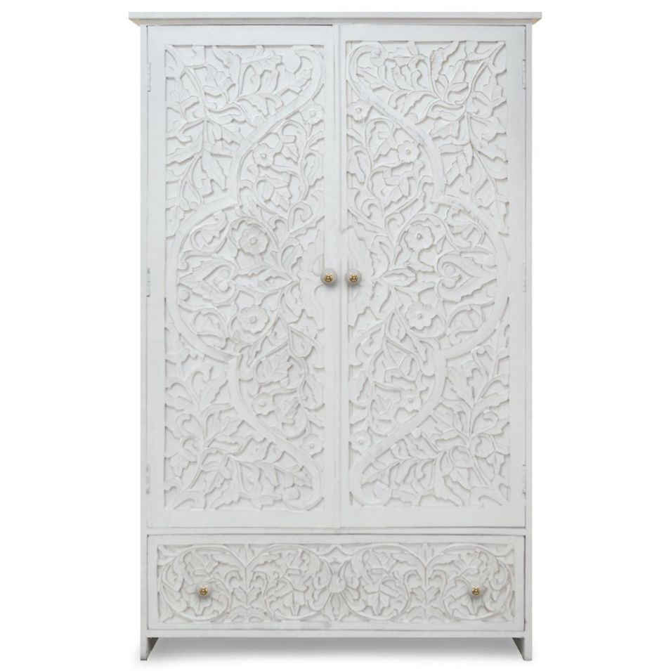 Armoire 2 portes 1 tiroir bois massif blanc Sasha - Photo n°1