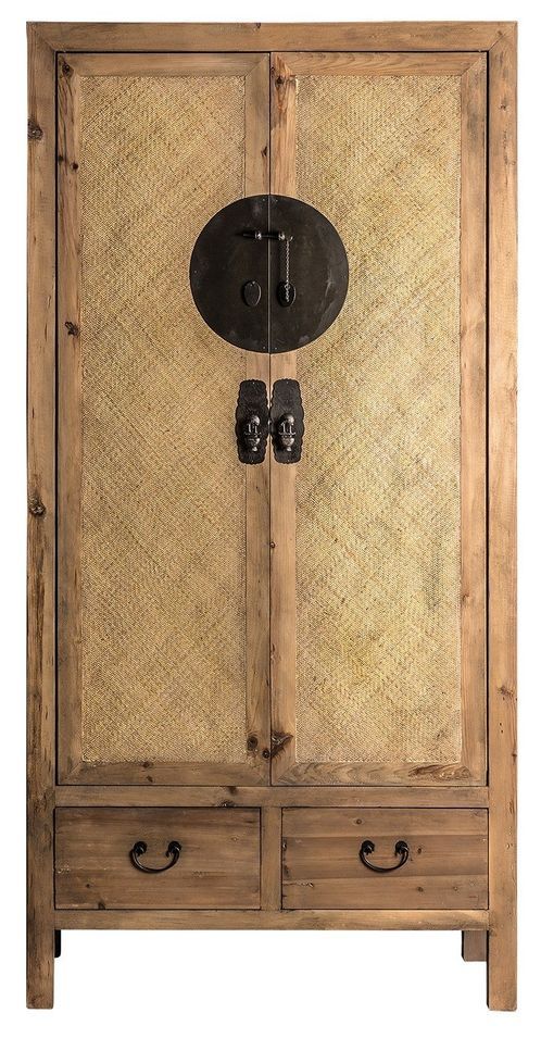 Armoire 2 portes 2 tiroirs orme massif et rotin clair Mel - Photo n°1