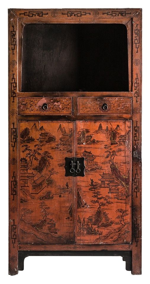 Armoire 2 portes 2 tiroirs orme recyclé rouge vieilli Dare - Photo n°1