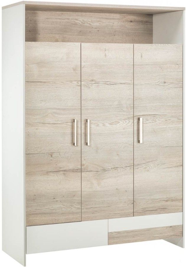 Armoire 3 portes 2 tiroirs bois blanc et chêne clair Clou Oak - Photo n°1