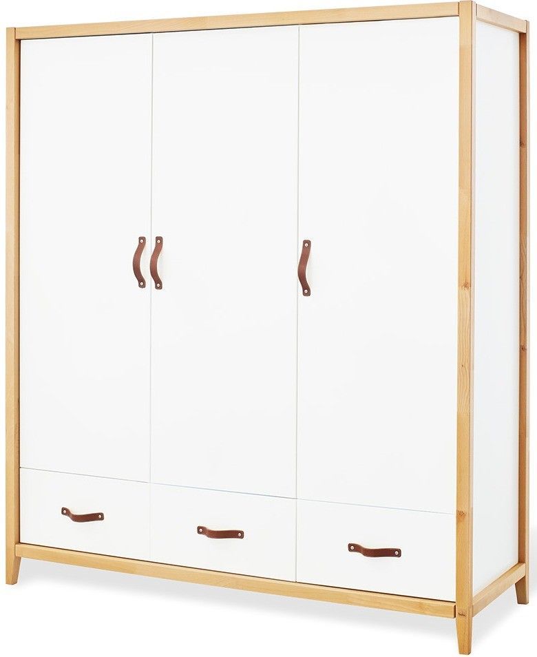 Armoire 3 portes laqué blanc et hêtre massif clair Calimero - Photo n°1