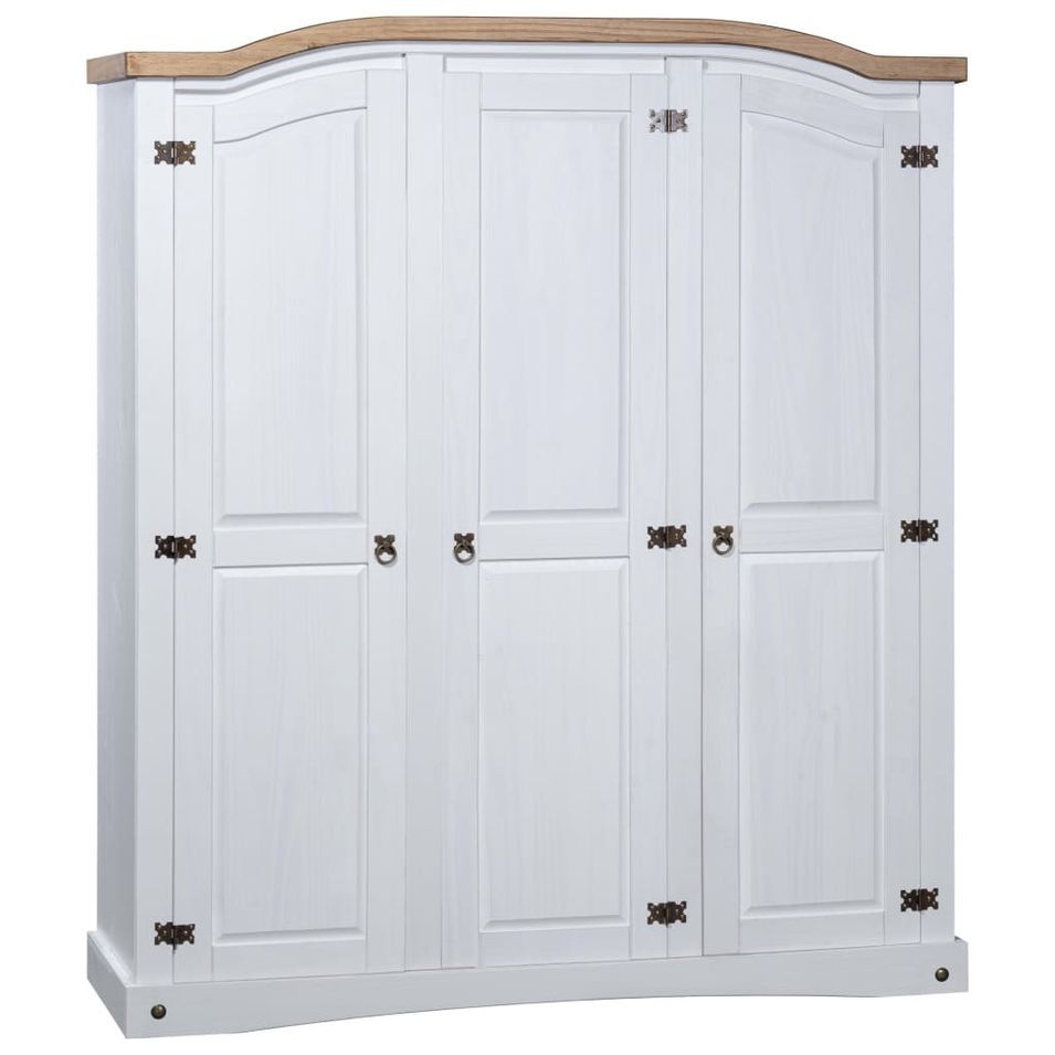 Armoire 3 portes pin massif blanc et bois clair Harrie - Photo n°1