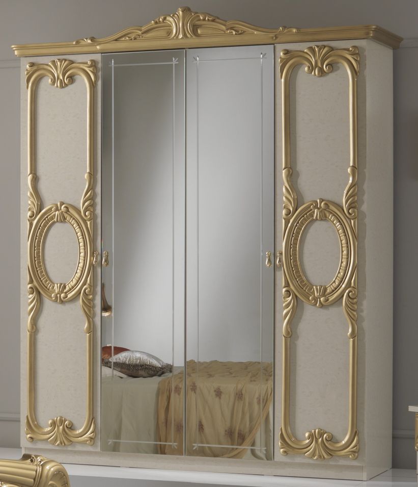 Armoire 4 portes bois brillant beige et doré Crissie - Photo n°1