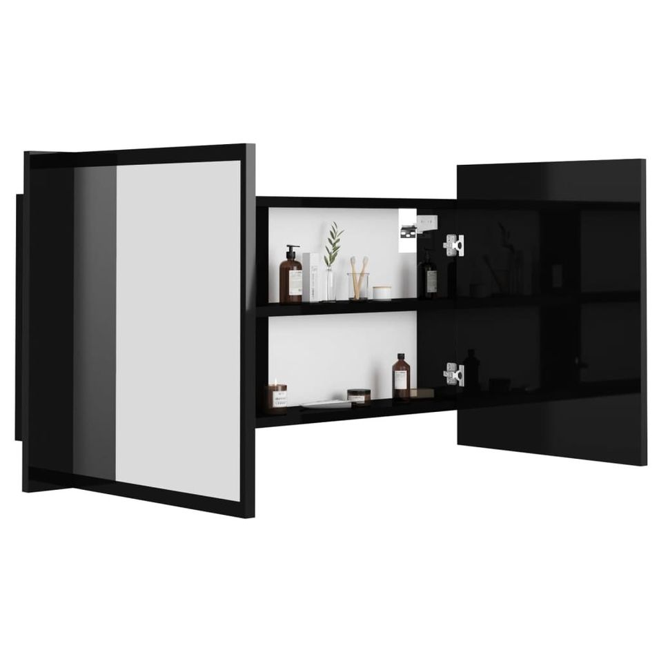 Armoire à miroir de bain à LED Noir brillant 90x12x45 cm - Photo n°1