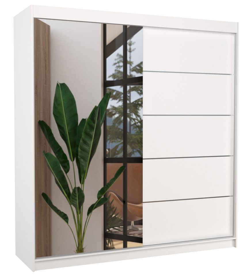 Armoire chambre adulte 2 portes coulissantes 1 blanche 1 miroir Olivia 200 cm - Photo n°1