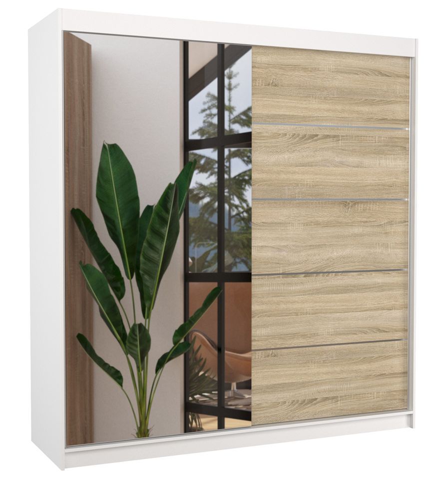 Armoire chambre adulte 2 portes coulissantes blanc et naturel avec miroir Olivia 200 cm - Photo n°1