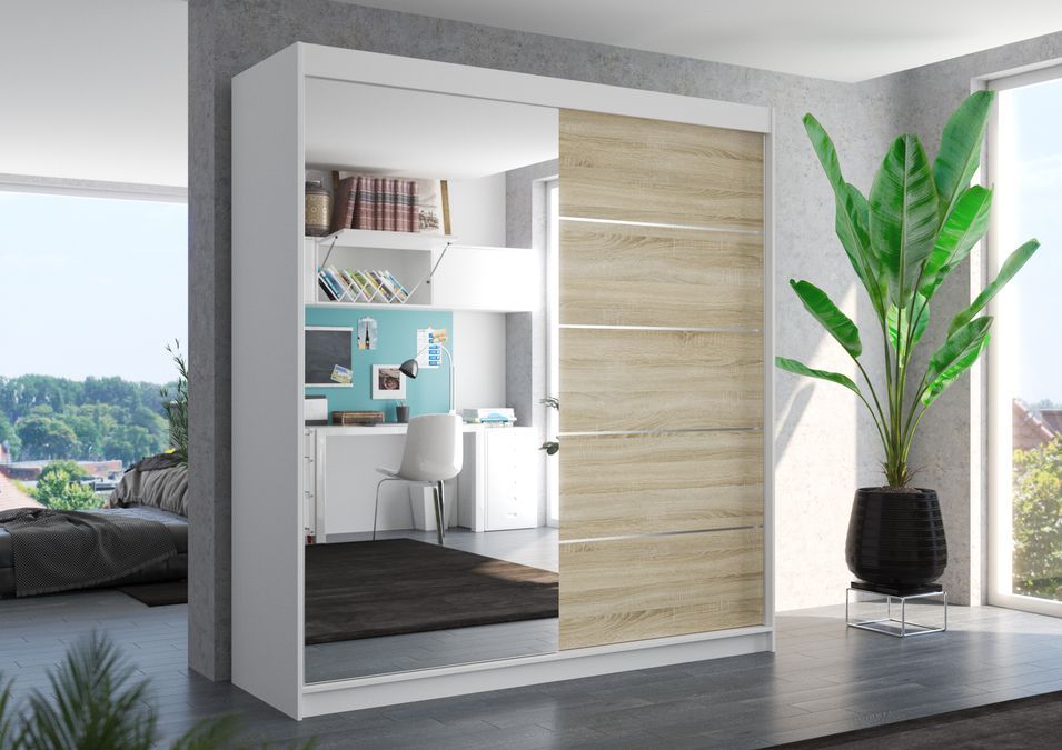 Armoire chambre adulte 2 portes coulissantes blanc et naturel avec miroir Olivia 200 cm - Photo n°2