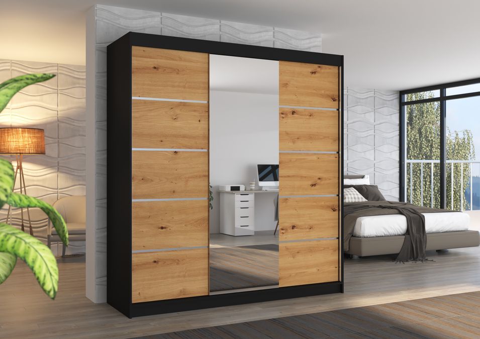 Armoire chambre adulte 2 portes coulissantes bois noir et bois artisan avec miroir Baker 200 cm - Photo n°2
