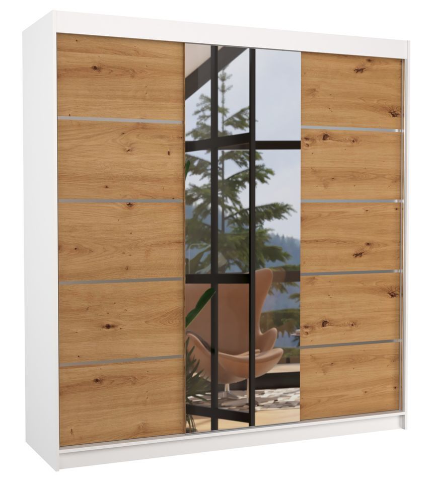 Armoire chambre adulte 2 portes coulissantes bois blanc et bois artisan avec miroir Baker 200 cm - Photo n°1