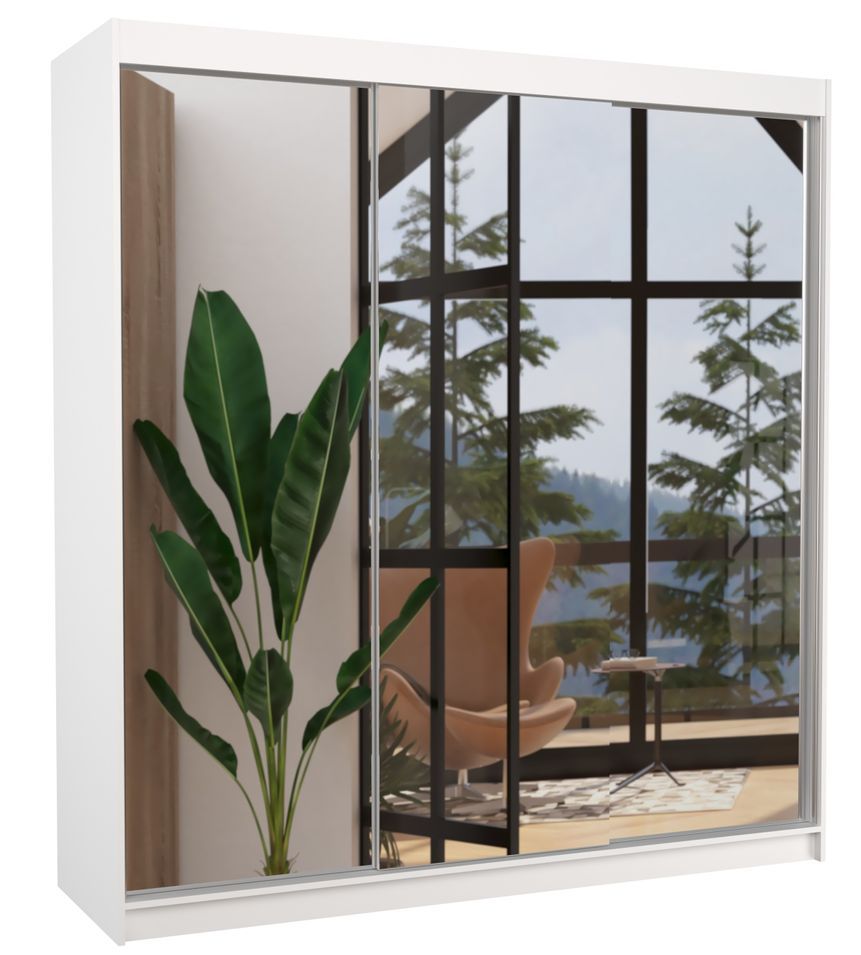 Armoire chambre adulte 2 portes coulissantes bois blanc et miroir Kostina 200 cm - Photo n°1