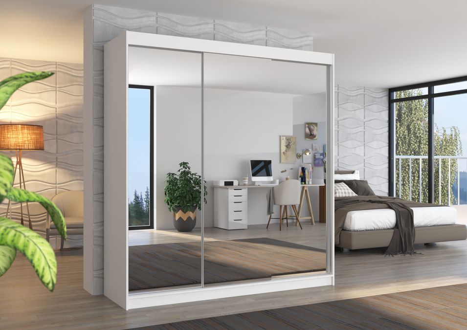 Armoire chambre adulte 2 portes coulissantes bois blanc et miroir Kostina 200 cm - Photo n°2