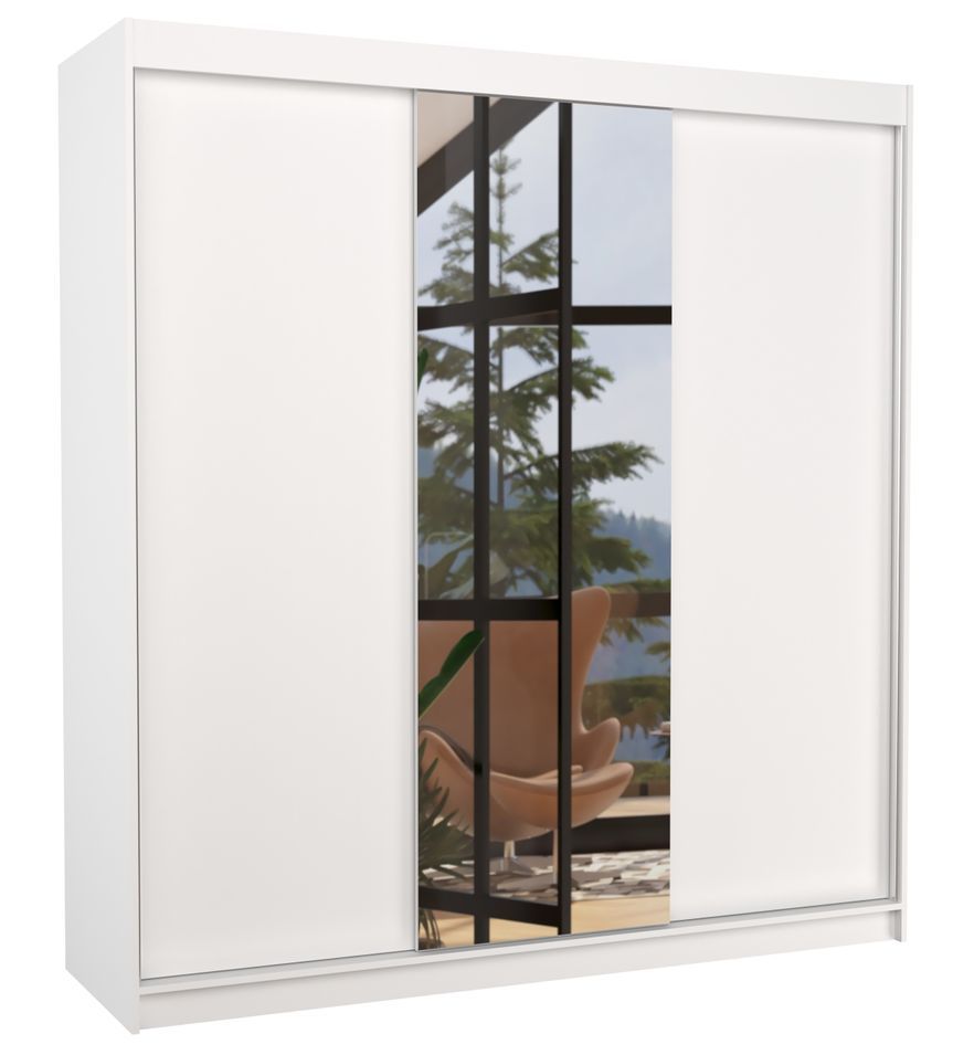 Armoire chambre adulte 2 portes coulissantes bois blanc et miroir Zafa 200 cm - Photo n°1