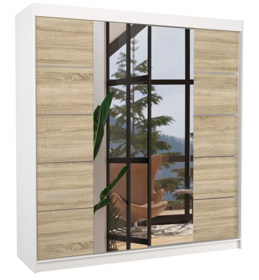 Armoire chambre adulte 2 portes coulissantes bois blanc et naturel avec miroir Dalia 200 cm - Photo n°1