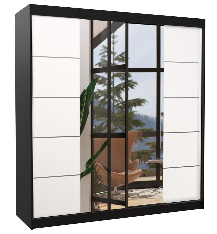 Armoire chambre adulte 2 portes coulissantes bois noir et blanc avec miroir Dalia 200 cm - Photo n°1