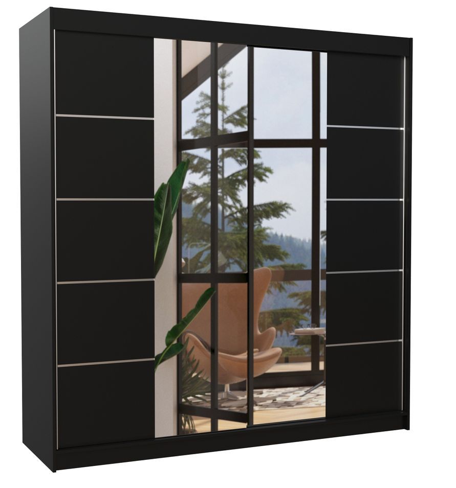 Armoire chambre adulte 2 portes coulissantes bois noir et miroir Dalia 200 cm - Photo n°1