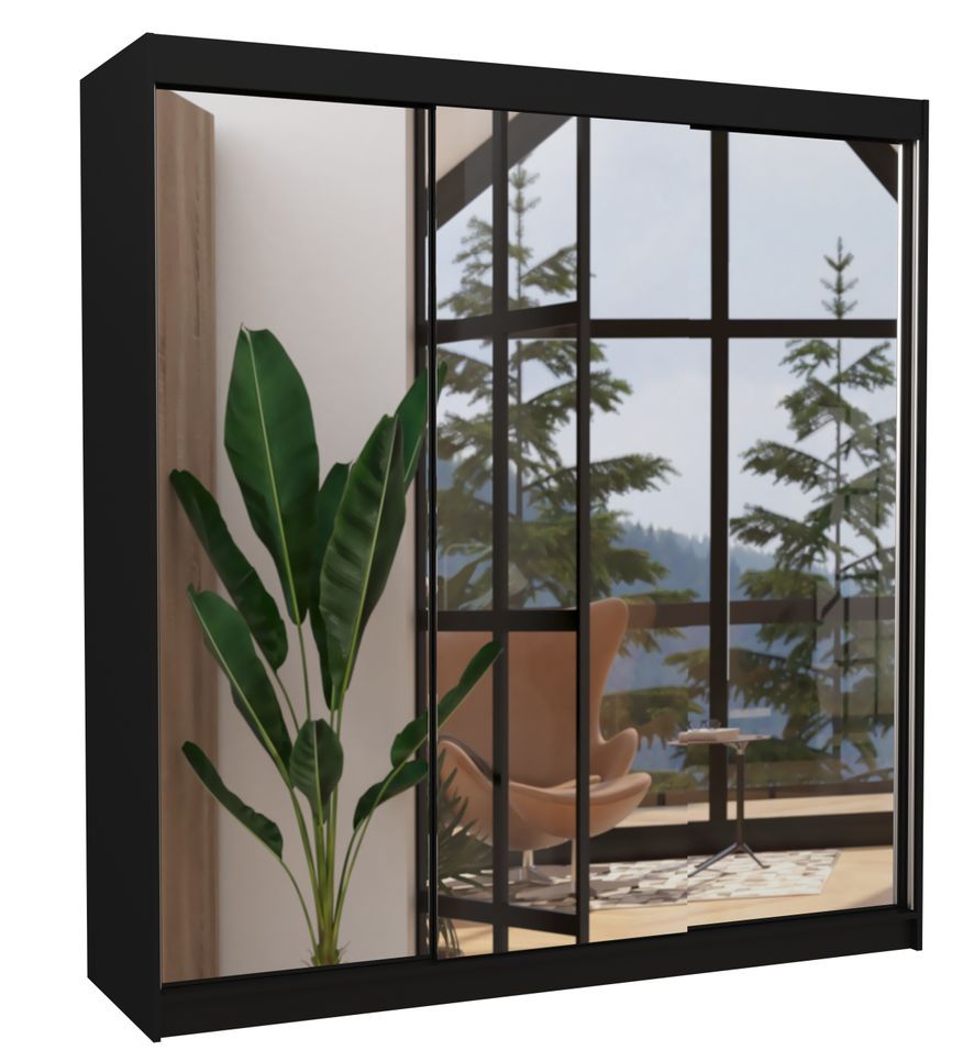 Armoire chambre adulte 2 portes coulissantes bois noir et miroir Kostina 200 cm - Photo n°1