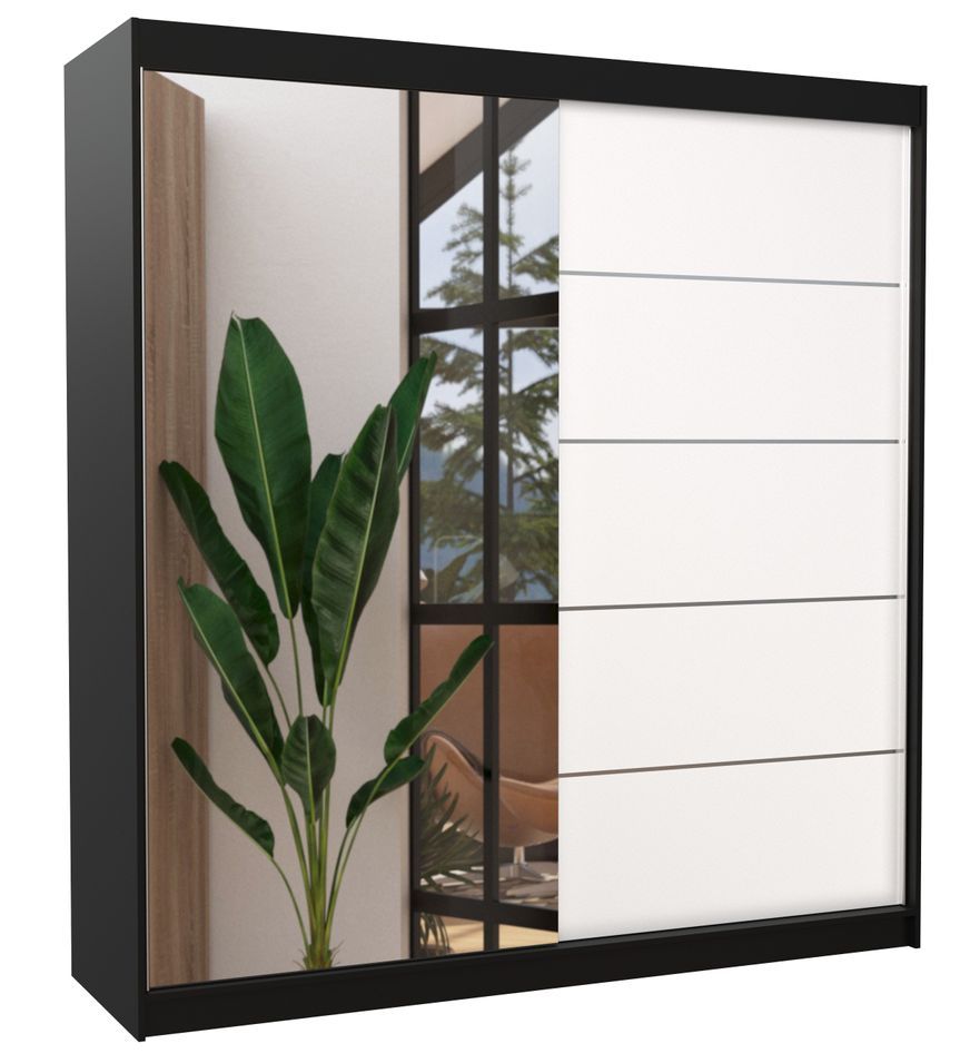Armoire chambre adulte 2 portes coulissantes noir et blanc avec miroir Olivia 200 cm - Photo n°1
