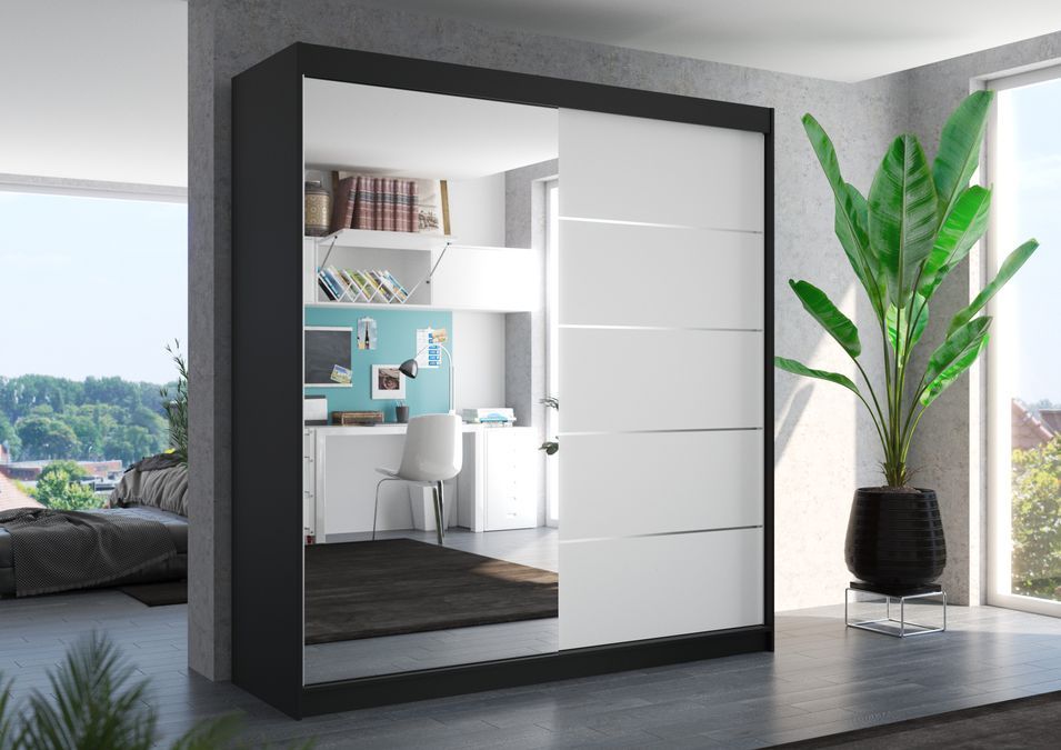 Armoire chambre adulte 2 portes coulissantes noir et blanc avec miroir Olivia 200 cm - Photo n°2