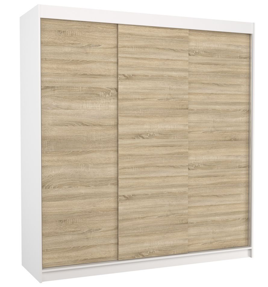 Armoire chambre adulte blanche et bois clair 3 portes coulissantes Kamia 200 cm - Photo n°1