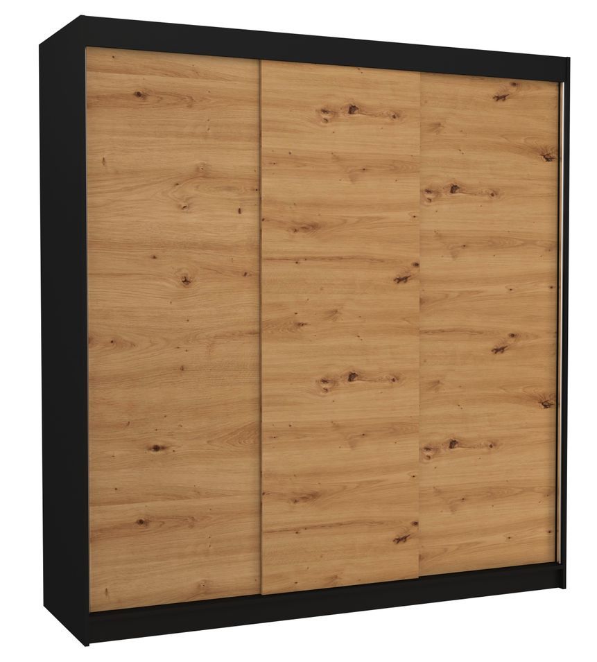 Armoire chambre adulte noir et bois artisan 3 portes coulissantes Kamia 200 cm - Photo n°1