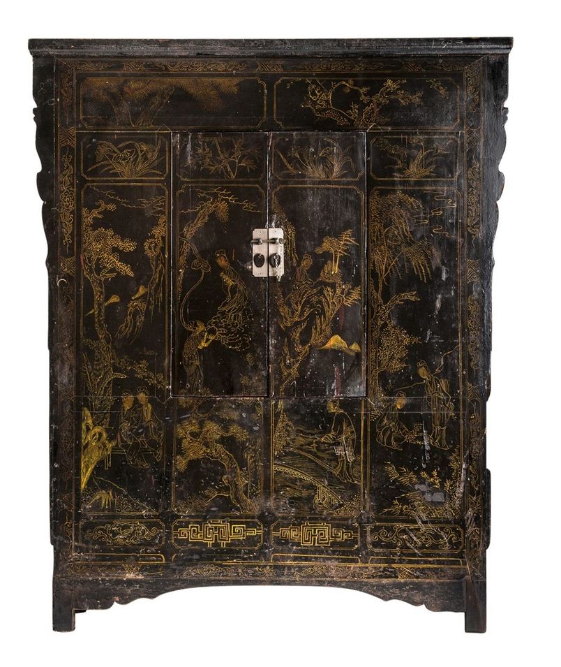 Armoire chinoise bois de Cyprès noir et moutarde 2 portes Shona - Photo n°1