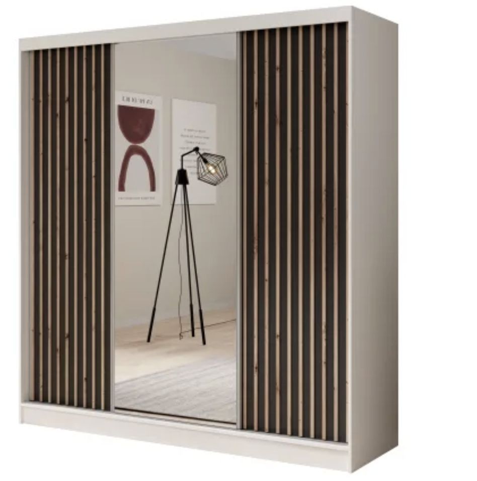 Armoire coulissante ANTIKA 200 cm avec miroir et lattes décor bois - Photo n°1