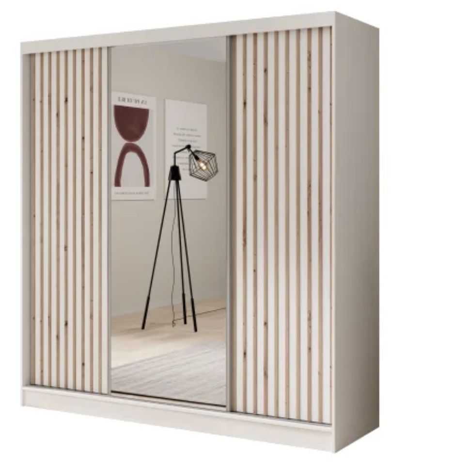 Armoire coulissante ANTIKA 200 cm avec miroir et lattes décor bois - Photo n°1