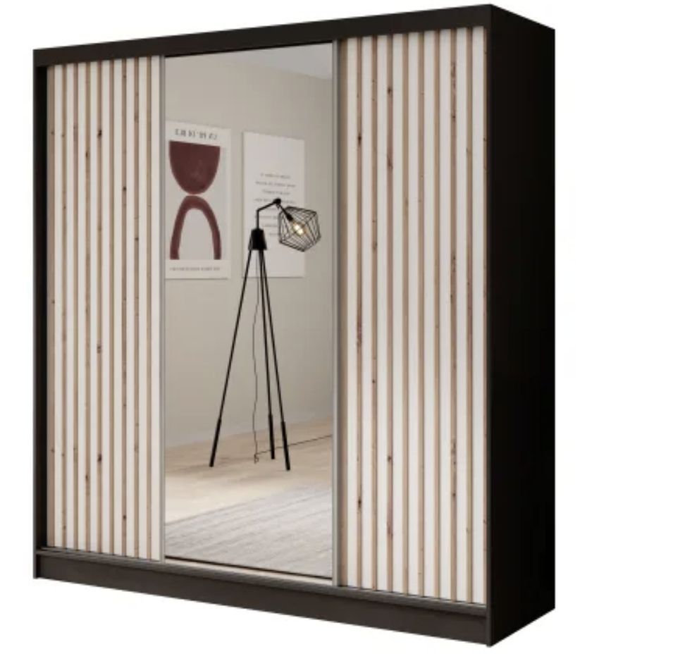 Armoire coulissante ANTIKA 200 cm avec miroir et lattes décor bois - Photo n°1