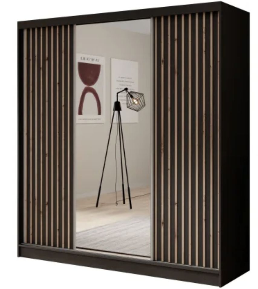 Armoire coulissante ANTIKA 200 cm avec miroir et lattes décor bois - Photo n°1
