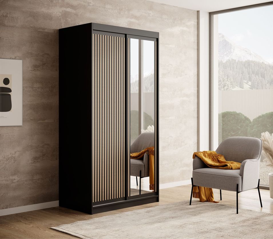 Armoire coulissante BIZEN avec lames décor bois et miroir - Photo n°1