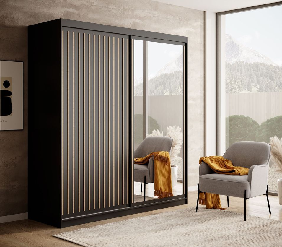 Armoire coulissante BIZEN avec lames décor bois et miroir - Photo n°1