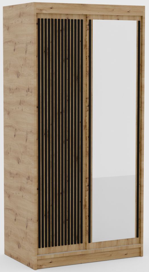 Armoire coulissante BIZEN avec lames décor bois et miroir – Moderne et chaleureux - Photo n°1