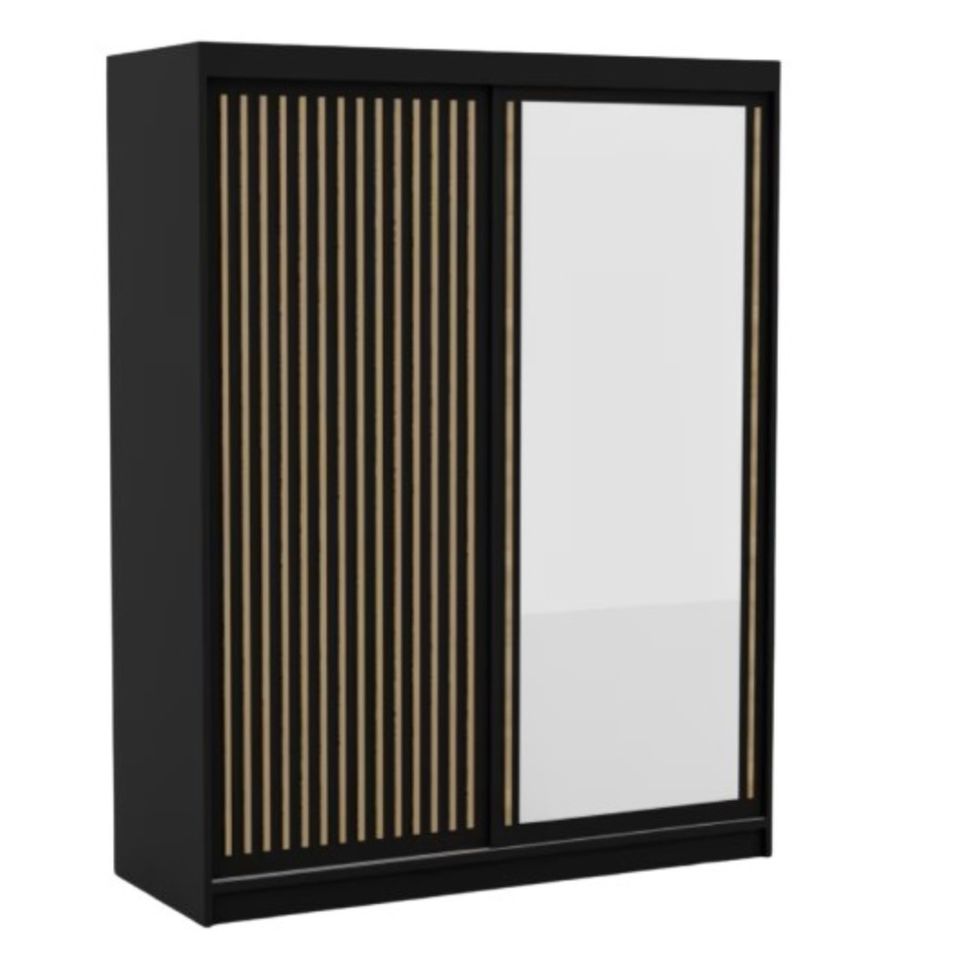 Armoire coulissante BIZEN avec lames décor bois et miroir – Moderne et chaleureux - Photo n°1