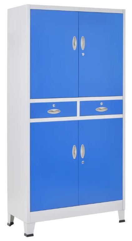 Armoire de bureau 4 portes 3 étagères 2 tiroirs métal gris et bleu Brook - Photo n°1