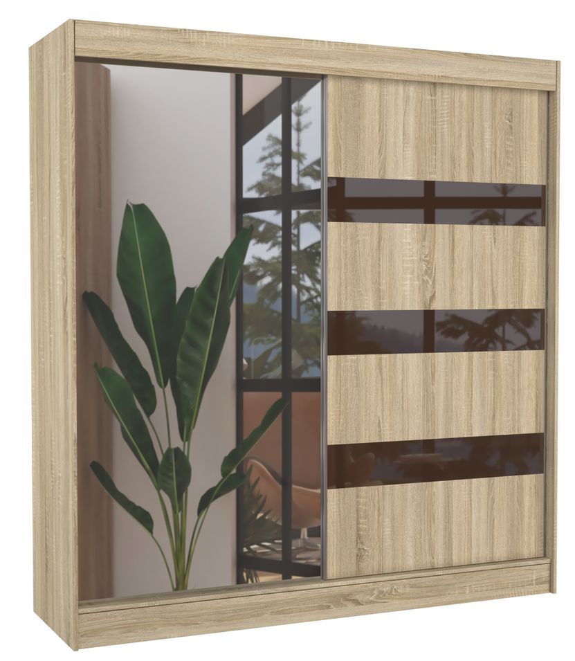 Armoire de chambre 1 porte bois clair et marron laqué 1 porte miroir Voka - 3 tailles - Photo n°1