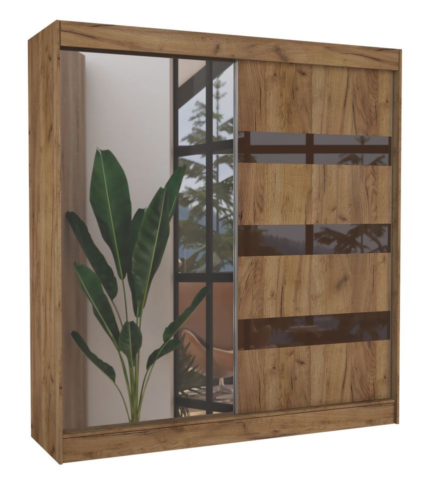 Armoire de chambre 1 porte bois marron et marron laqué 1 porte miroir Voka - 3 tailles - Photo n°1