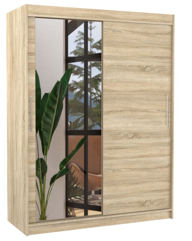 Armoire de chambre 2 portes coulissantes 1 bois clair 1 miroir Bianky 150 cm - Photo n°1
