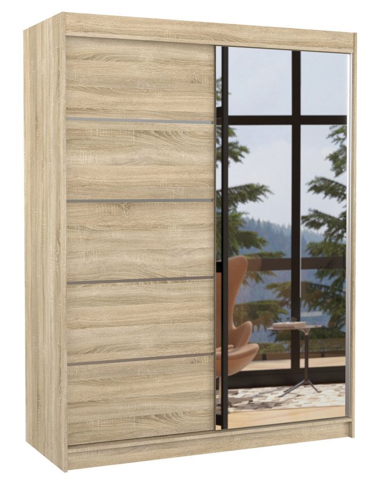 Armoire de chambre 2 portes coulissantes 1 bois clair et 1 miroir Limka 150 cm - Photo n°1