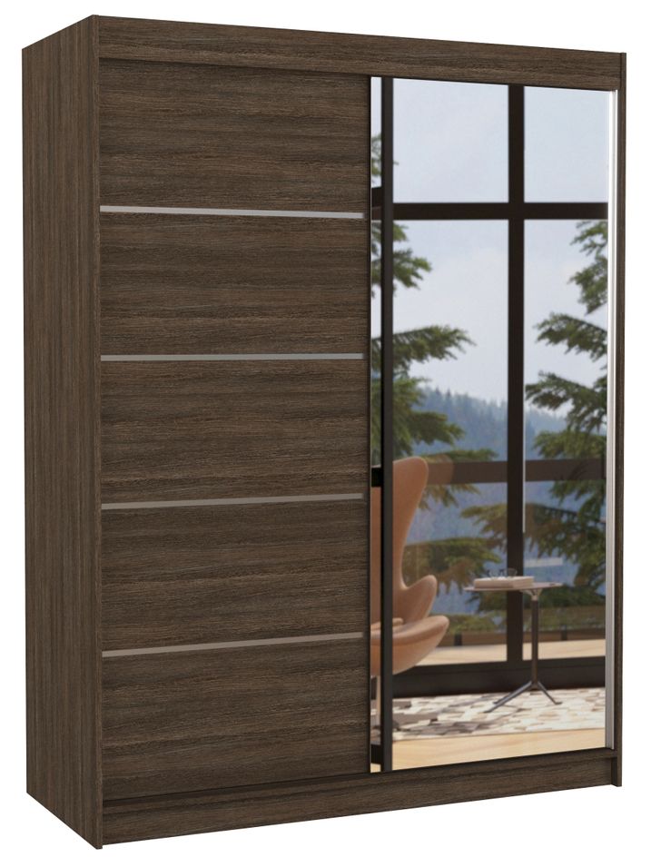 Armoire de chambre 2 portes coulissantes 1 bois foncé et 1 miroir Limka 150 cm - Photo n°1
