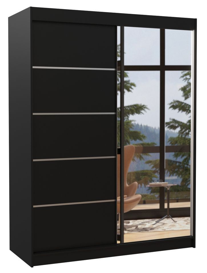 Armoire de chambre 2 portes coulissantes 1 noir et 1 miroir Limka 150 cm - Photo n°1